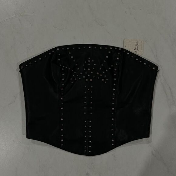 Free People Leather Corset Top Adrianna Crop Black Studs Strapless Size XS NEW - Picture 4 of 7